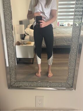 Women's Black High-Rise Leggings with White Contrast Panels